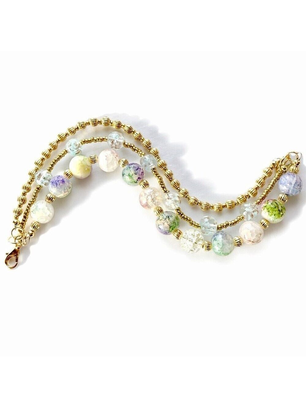 REIMAGINED Glass Crackle Bead Multi-Strand Bracelet Gold Tone Pastel Spring 7.5”